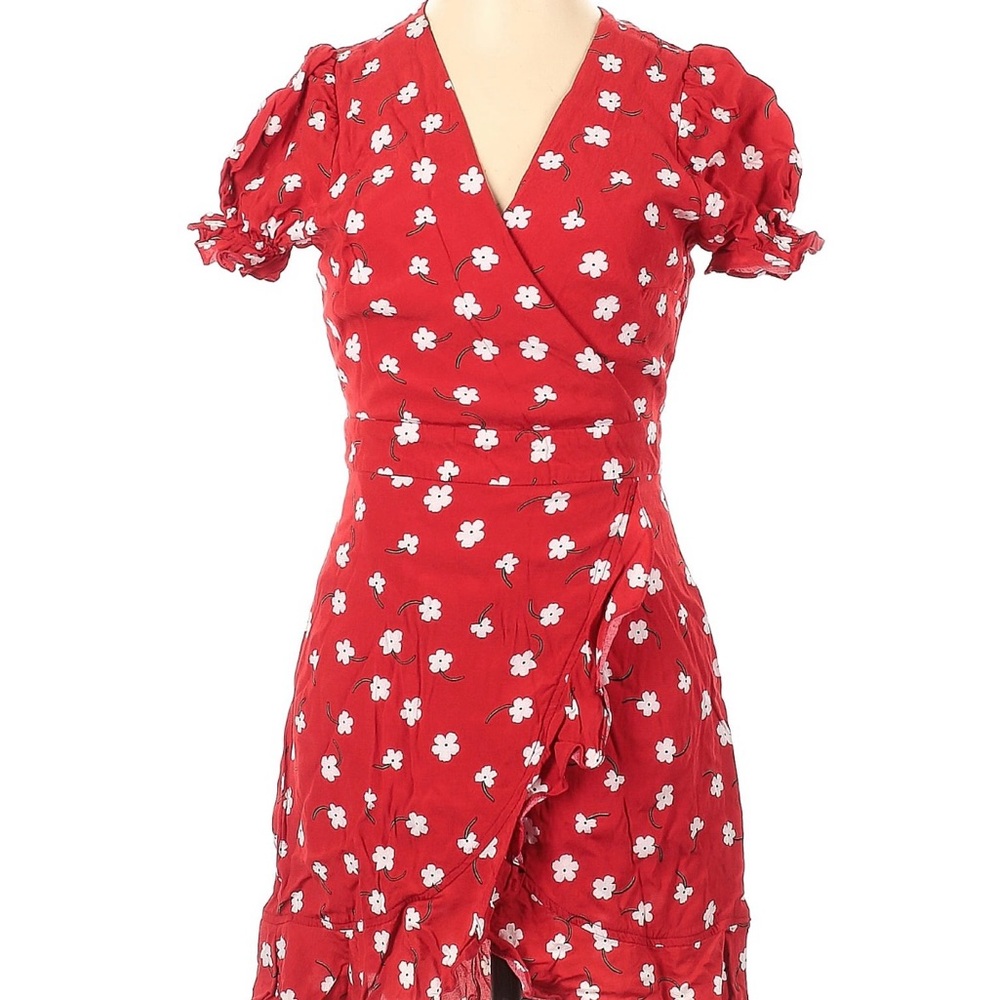 Red Ruffled Wrap Romper with Puff Sleeves